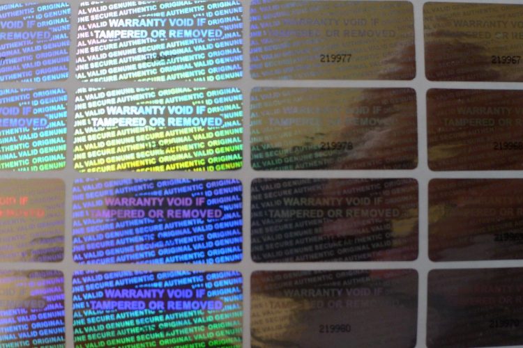 Silver 0.60in x1.20in (15mm x 30 mm) serial # TAMPER EVIDENT SECURITY VOID HOLOGRAM LABELS