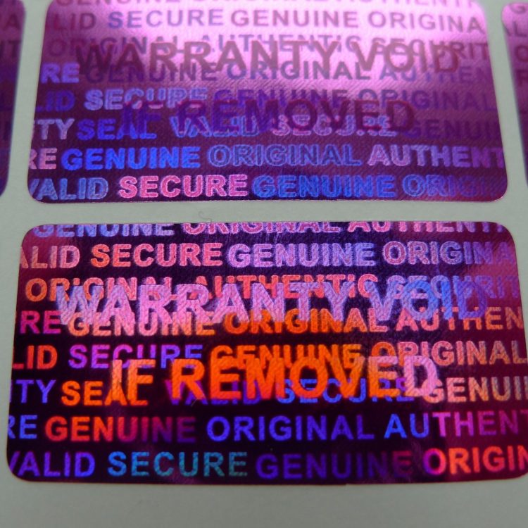 Purple 0.60in x1.20in (15mm x 30 mm) serial # TAMPER EVIDENT SECURITY VOID HOLOGRAM LABELS